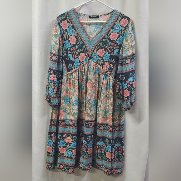 BTFBM Boho Blue Floral 3/4 Sleeve Knee Length Dress M - Picture 1 of 7